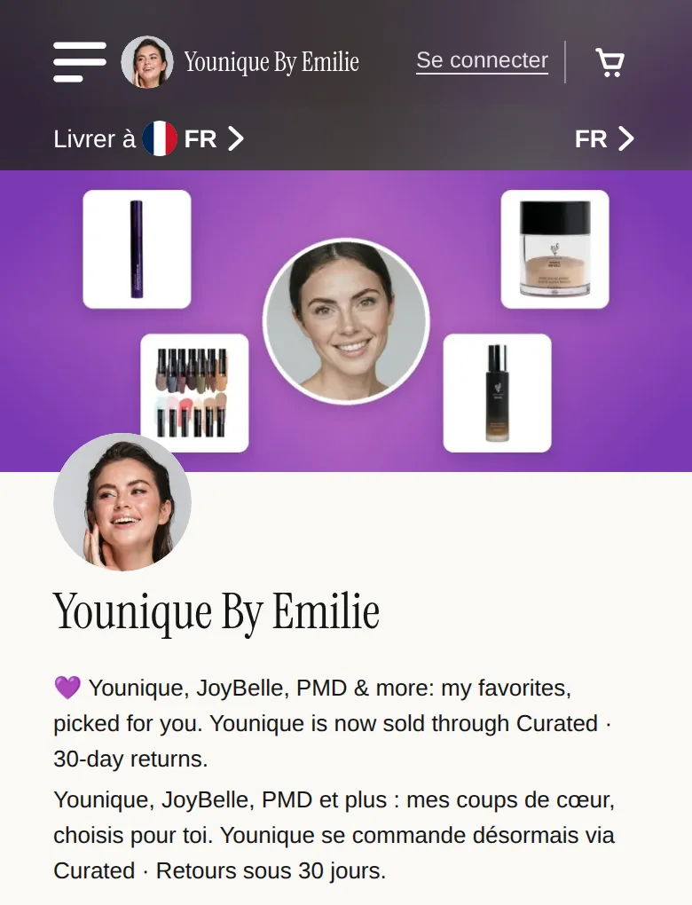 Boutique Curated Younique by Emilie – où acheter : page d’accueil de ma boutique Curated sur mobile