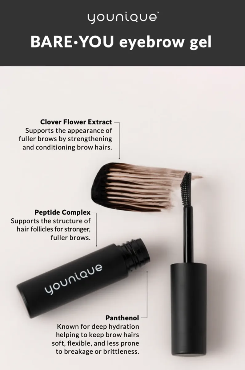 YOUNIQUE BARE·YOU eyebrow gel – price : diagram of the gel’s key ingredients: clover flower extract, peptide complex and panthenol around the open tube