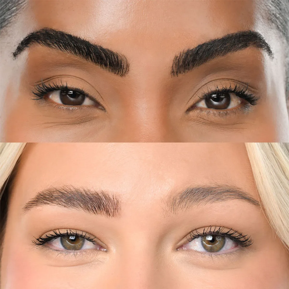 YOUNIQUE BARE·YOU eyebrow gel – review : result on two models: very defined black brows and natural chestnut brows brushed upwards