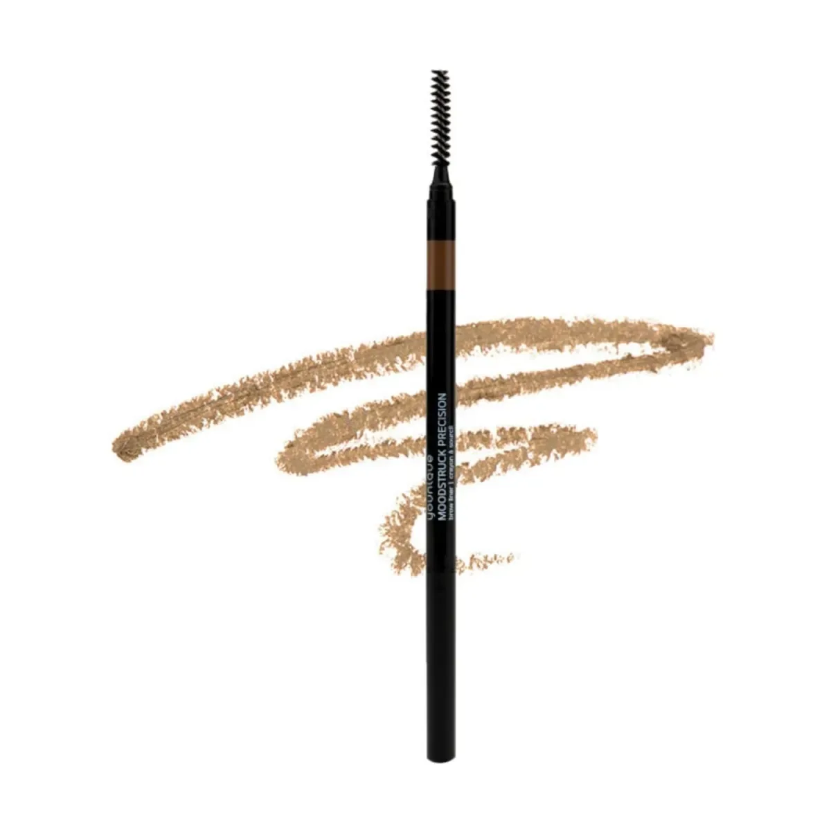 MOODSTRUCK PRECISION brow liner – review : slim black pencil with spoolie brush and a stroke in the Light shade, a golden blonde, on a white background