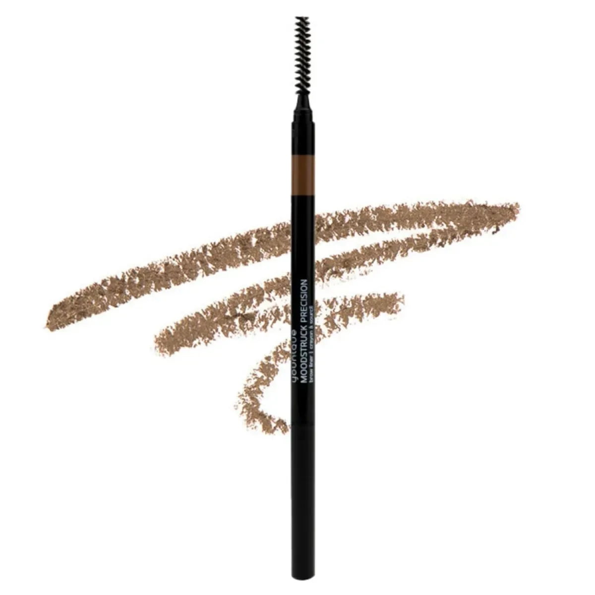MOODSTRUCK PRECISION brow liner – tips : slim black pencil with spoolie brush and a stroke in the Medium shade, a warm brown, on a white background