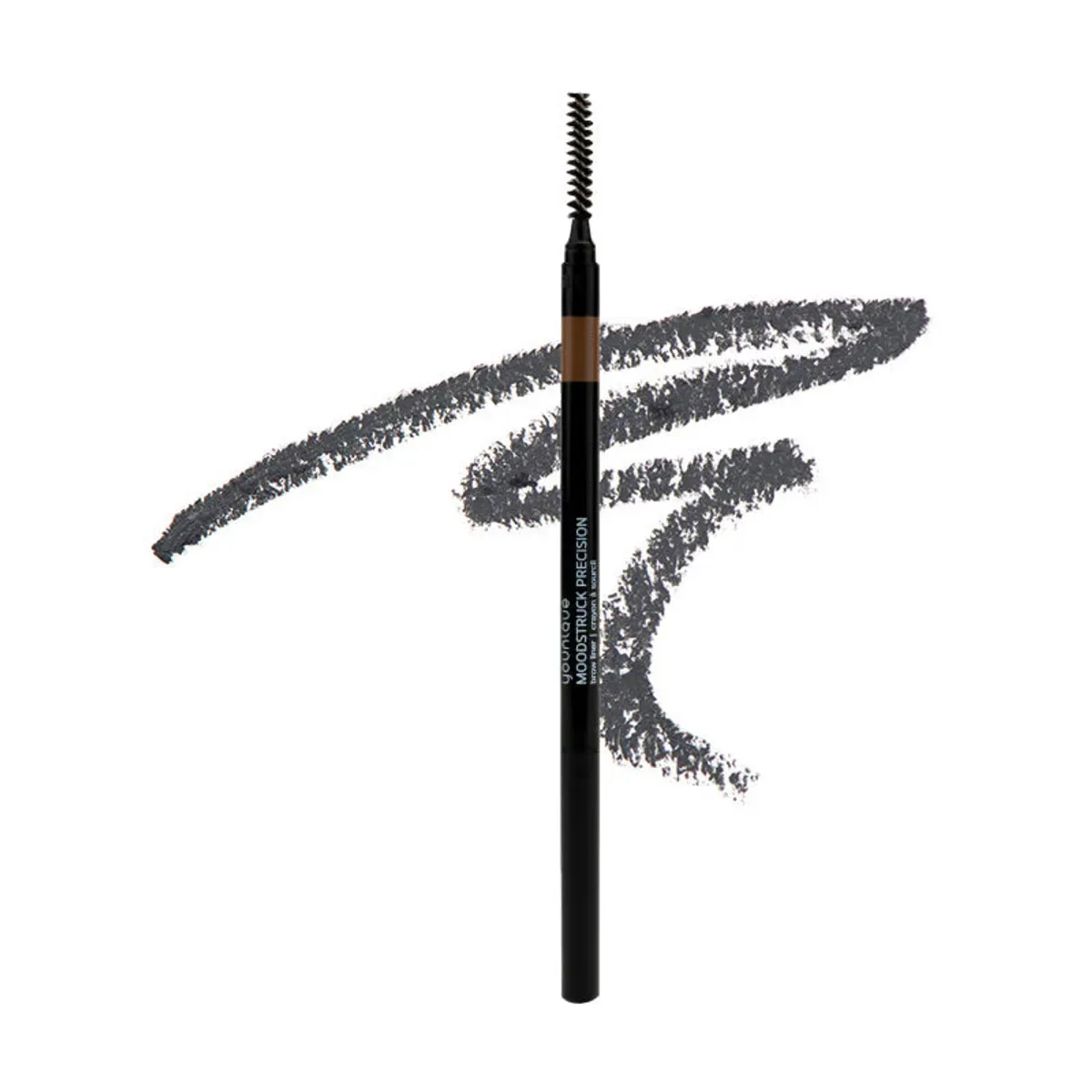MOODSTRUCK PRECISION brow liner – where to buy : slim black pencil with spoolie brush and a stroke in the Dark shade, the deepest one, on a white background