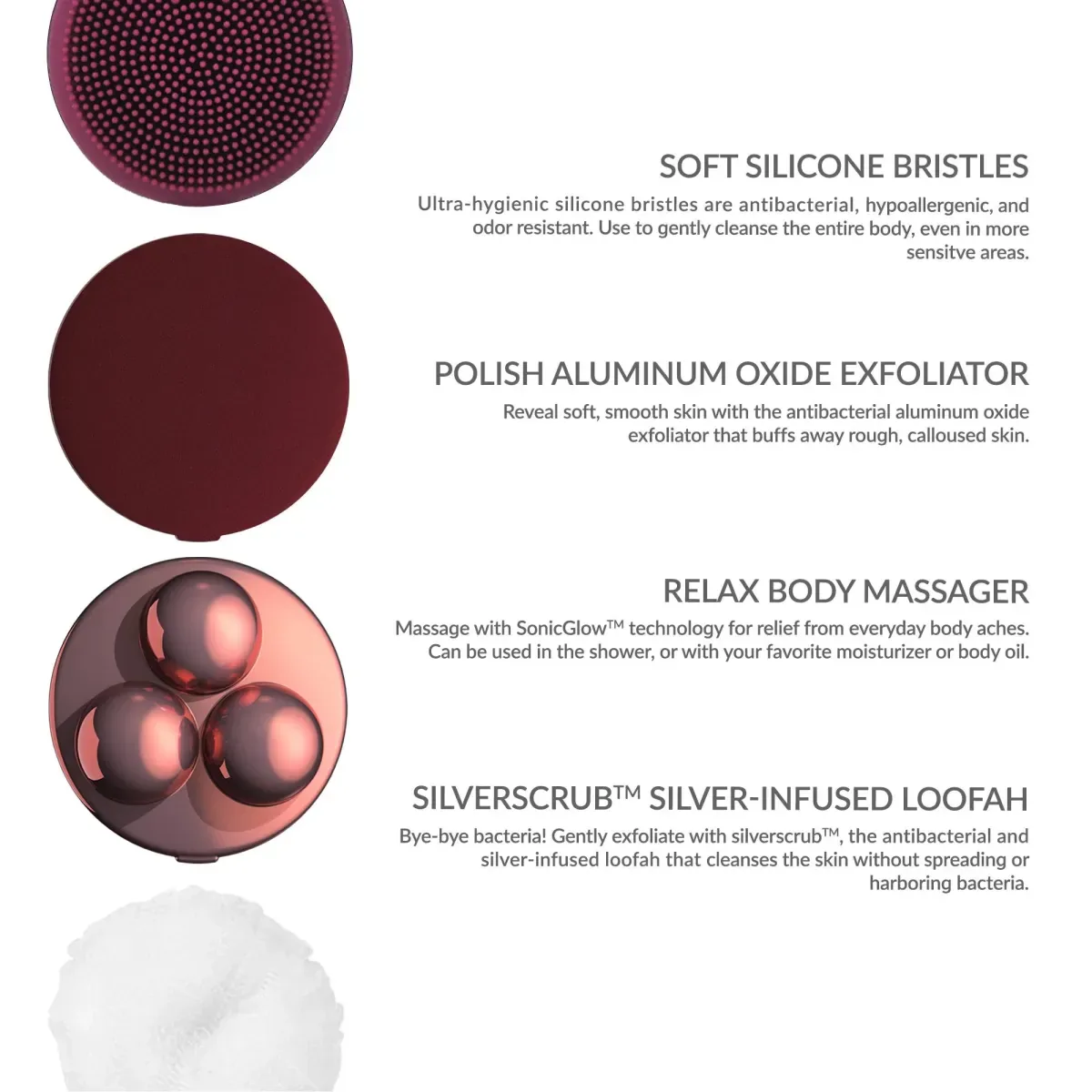 PMD Corps Propre : les quatre accessoires : brosse en silicone, exfoliant polish, masseur relax et fleur silverscrub