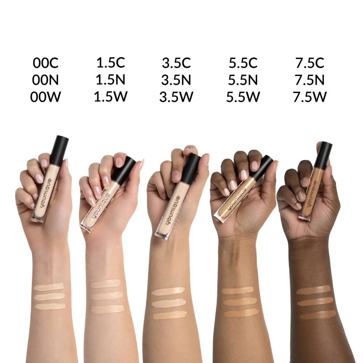 Abdeckstift Perfection Pro YOUNIQUE TOUCH – Test: Swatches aller 15 Farbtöne auf fünf Hauttönen, von 00 bis 7.5