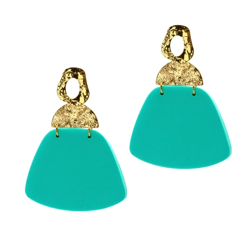 Dingue de Bijoux – opinión: pendientes largos dorados con un gran colgante turquesa en forma de abanico