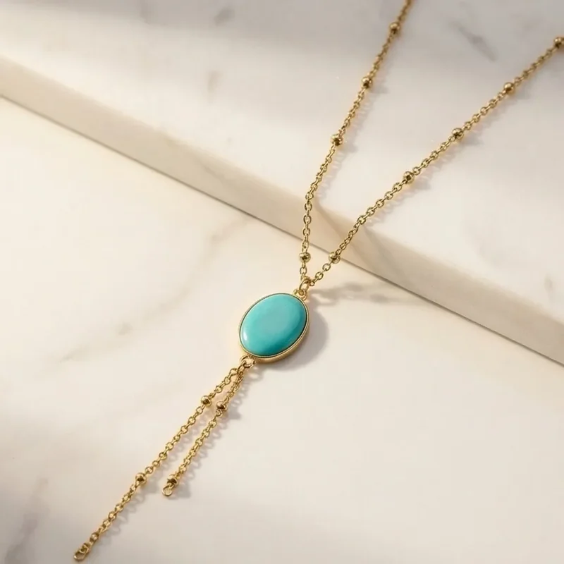 Dingue de Bijoux – opinión: collar fino dorado con una pequeña piedra turquesa y dos cadenas colgantes