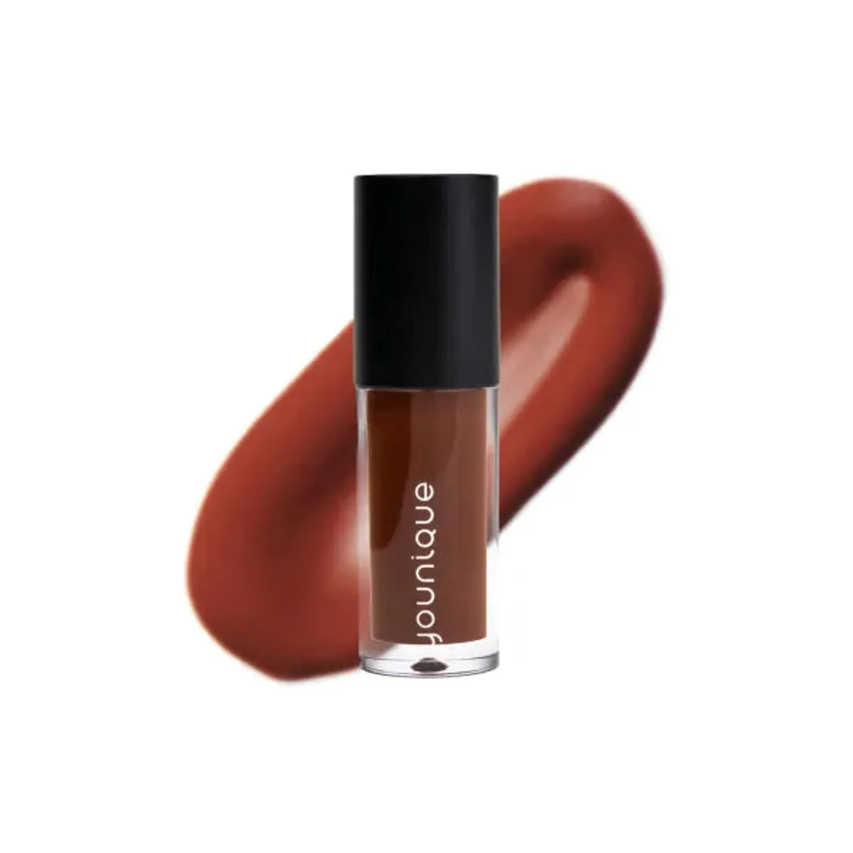 Gloss LUCRATIVE – tips: tint Loved, flesje en glanzende swatch in terracottabruin
