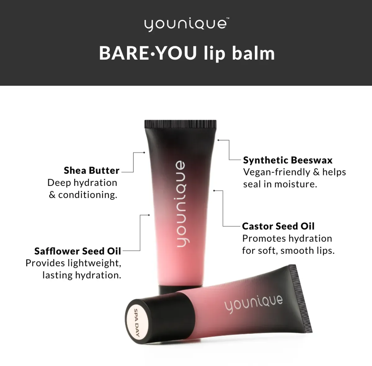 YOUNIQUE BARE·YOU lip balm – review : two tubes fading from black to pink, Spa Day shade, with the benefits shea butter, safflower oil, synthetic beeswax and castor oil