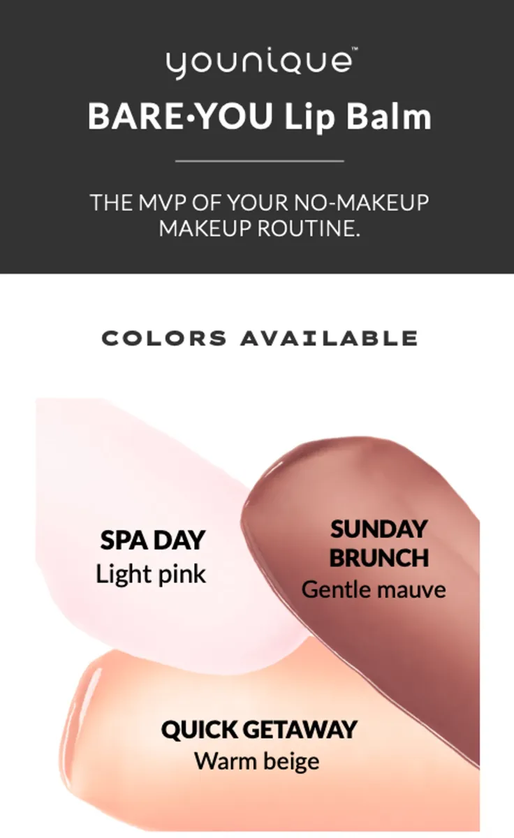 YOUNIQUE BARE·YOU lip balm – tips : shade guide with Spa Day light pink, Sunday Brunch gentle mauve and Quick Getaway warm beige and their balm swatches
