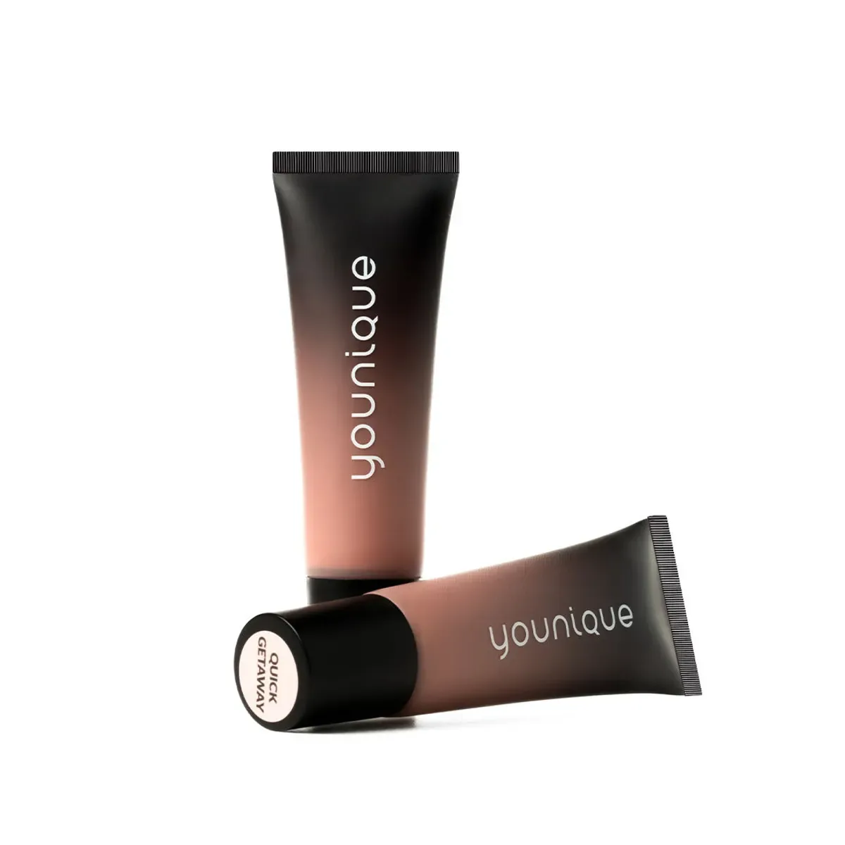 YOUNIQUE BARE·YOU lip balm – tips : Quick Getaway shade: tubes fading from black to rosy peach, cap labelled Quick Getaway, on a white background