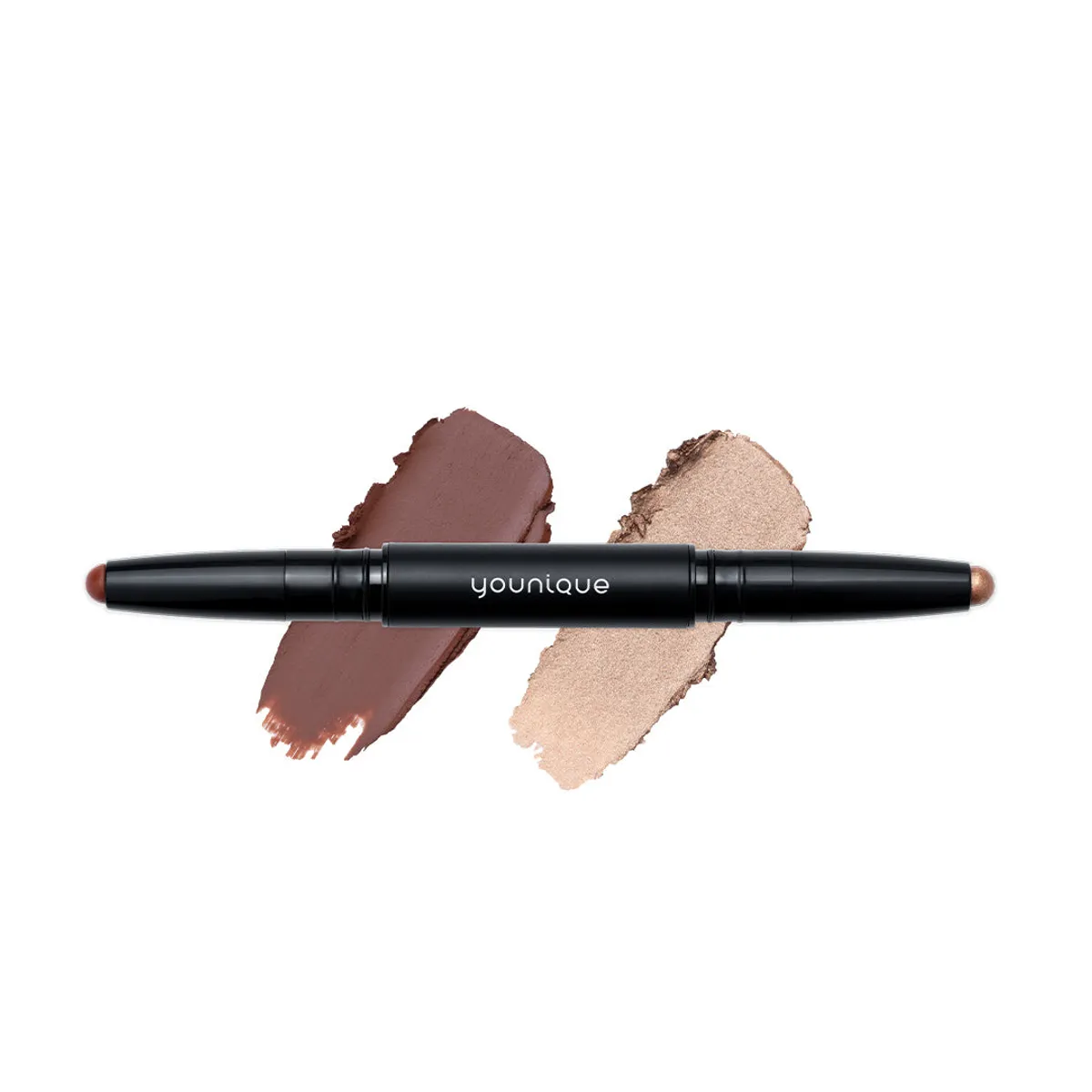 Sombra de olhos em stick bicolor MOODSTRUCK – recomendação: tonalidade Ginger Snap/Copper Glow, castanho-chocolate rosado mate e champanhe dourado nacarado