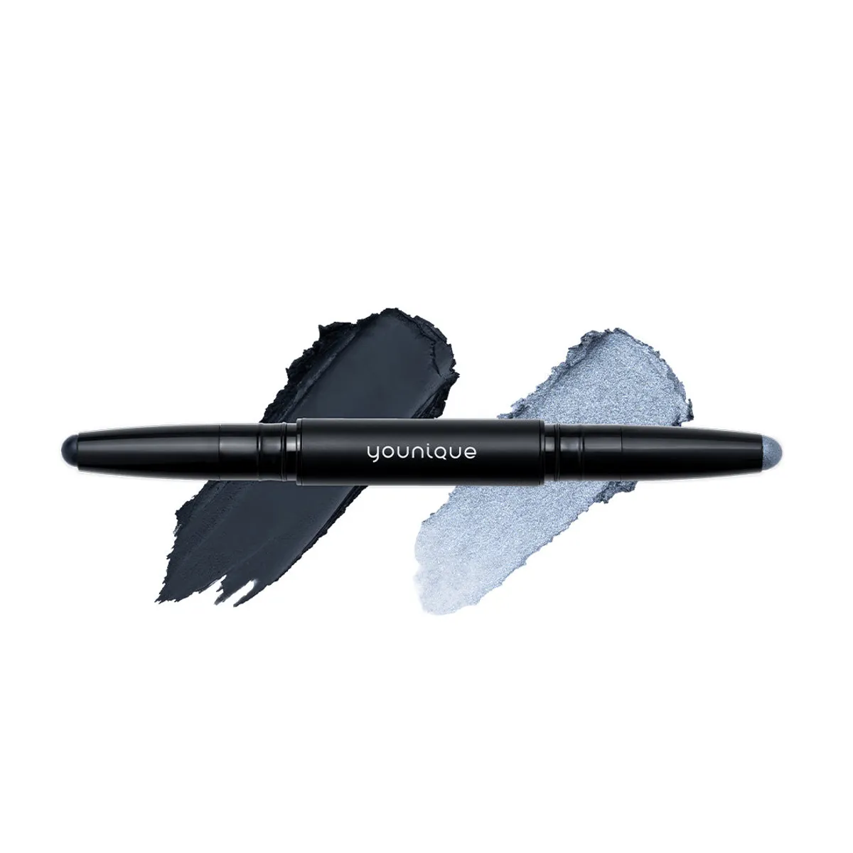 Sombra de olhos em stick bicolor MOODSTRUCK – onde comprar: tonalidade Smoky Black/Molten Silver, azul-ardósia quase preto mate e azul-gelo nacarado