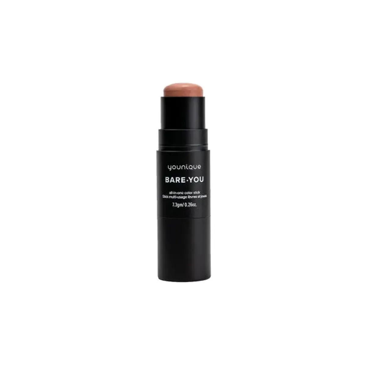 Stick multiusos para lábios e maçãs do rosto BARE YOU YOUNIQUE – opinião: tom Barely Blushing, stick preto com ponta nude castanho rosado