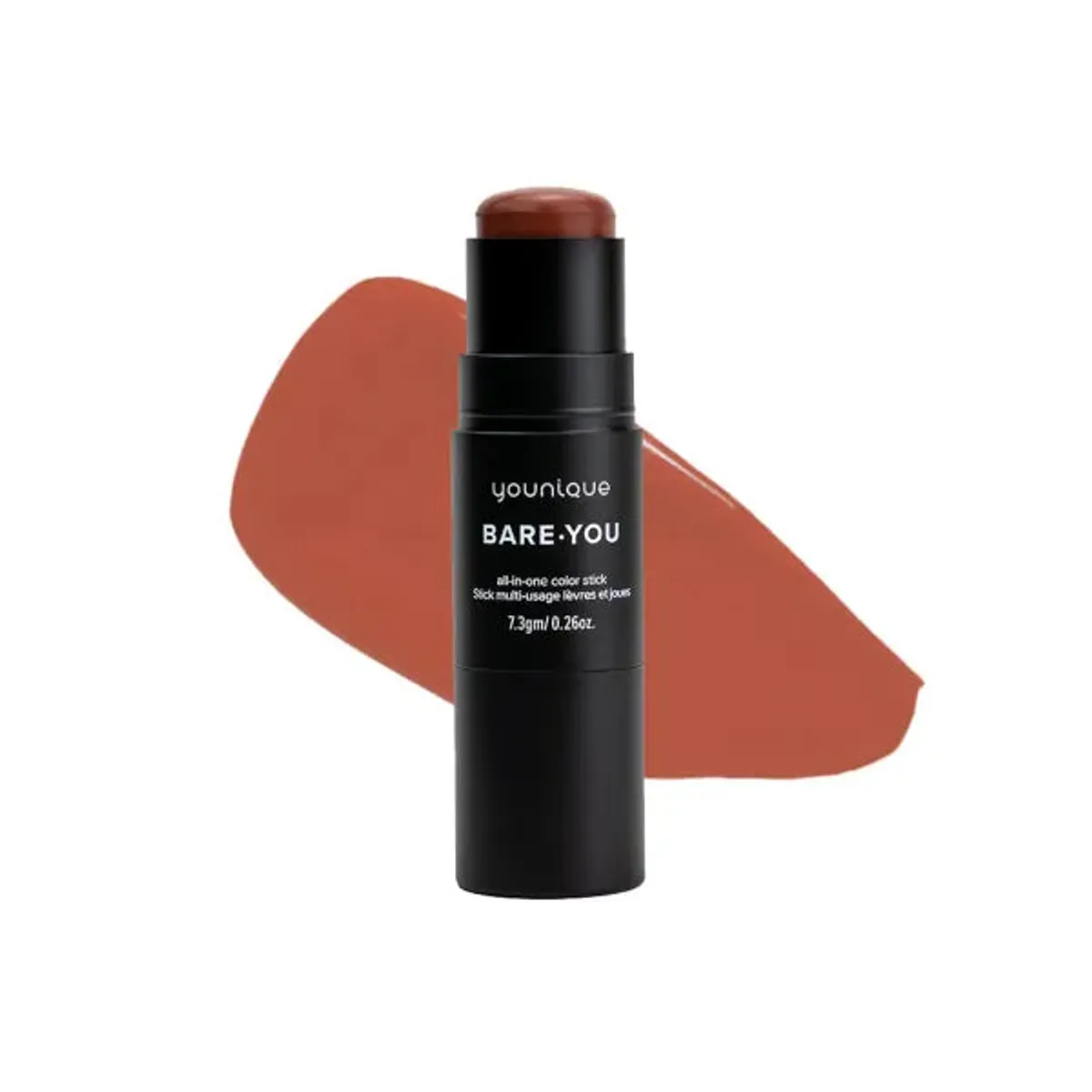 Stick multiusos para lábios e maçãs do rosto BARE YOU YOUNIQUE – dicas: tom Cinnamon Latte, stick preto e amostra cremosa terracota