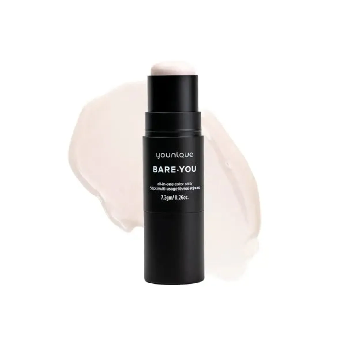 Stick multiusos para lábios e maçãs do rosto BARE YOU YOUNIQUE – preço: tom Flurry Frost, stick preto e amostra cremosa branco creme
