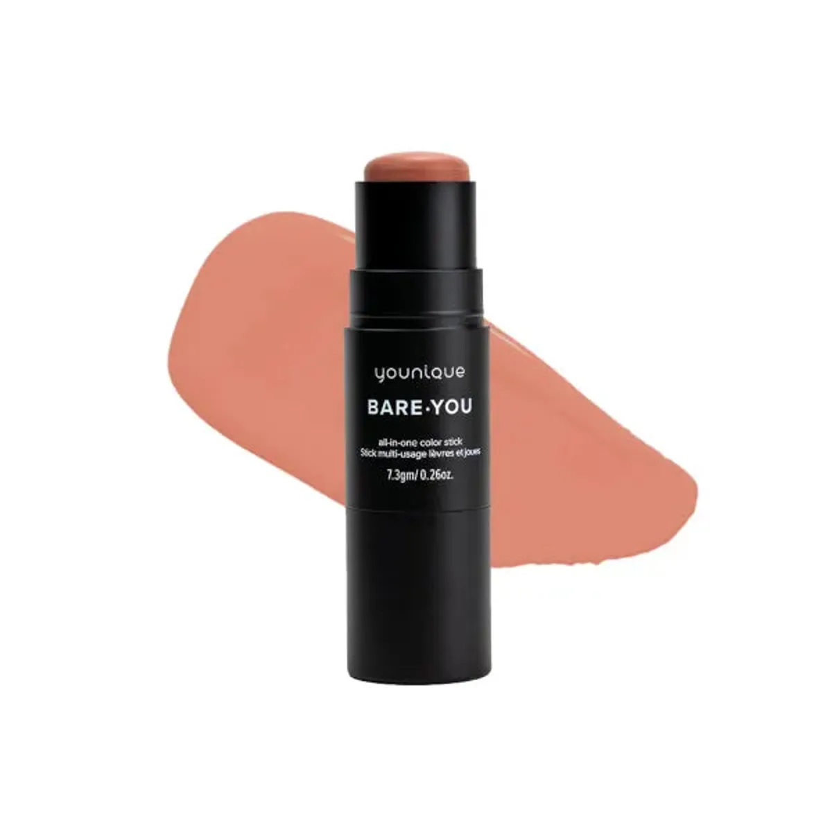 Stick multiusos para lábios e maçãs do rosto BARE YOU YOUNIQUE – onde comprar: tom Peony Pink, stick preto e amostra cremosa rosa pêssego