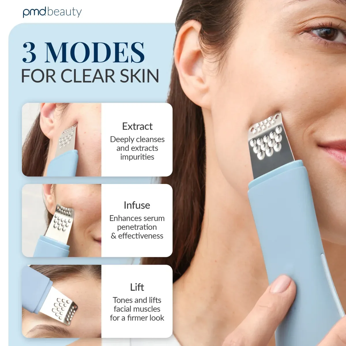 PMD Wave Pro : les trois modes Extraction, Infusion et Lifting avec la spatule posée sur la joue