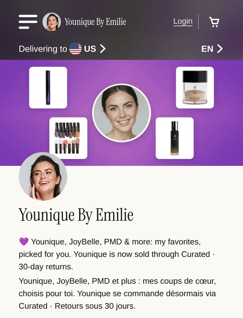 Younique by Emilie Curated store – where to buy: home page of my Curated store on mobile