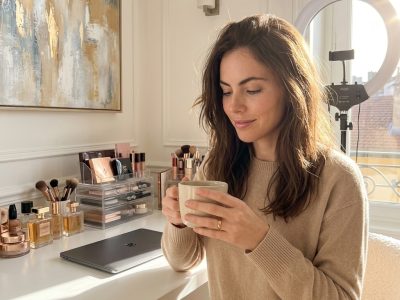 Émilie disfrutando de un café, dispuesta a responder a tus preguntas